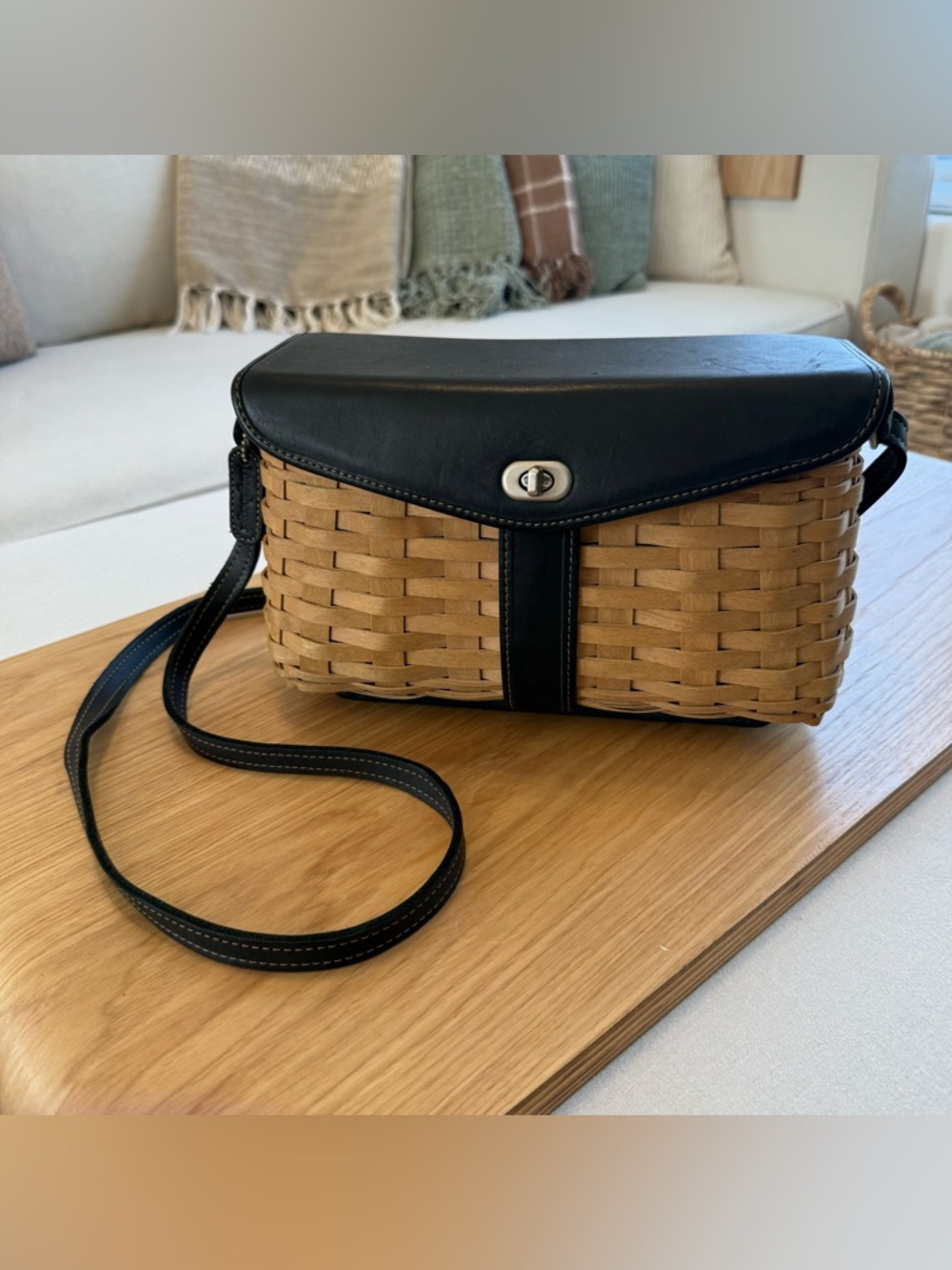 Woven Basket Crossbody Bag with Black Leather Trim